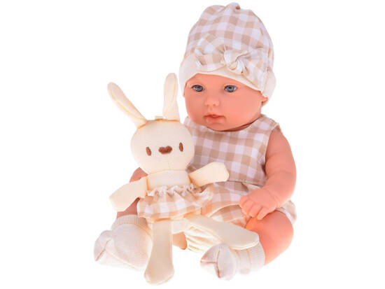 Baby Doll  Newborn Doll in a Gray hat and dress + rabbit ZA5007