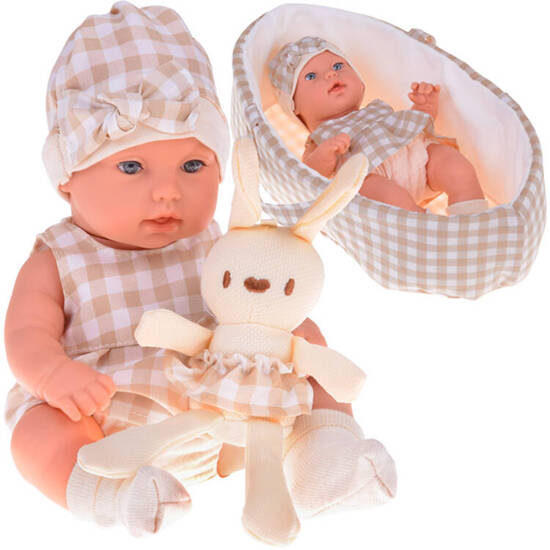 Baby Doll  Newborn Doll in a Gray hat and dress + rabbit ZA5007