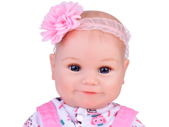 Baby doll in pink romper with frill + accessories ZA5359