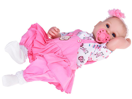 Baby doll in pink romper with frill + accessories ZA5359