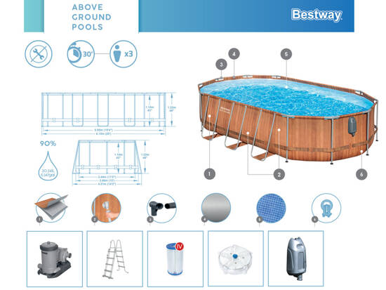 Bestway Frame Pool 610x366x122 Board 10in1 Pump Ladder + LED 56719