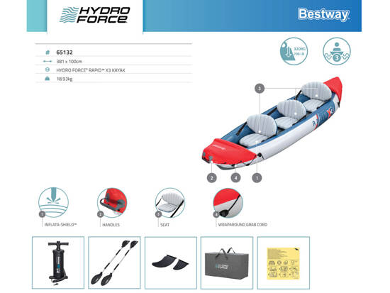 Bestway Kayak Rapid X3 inflatable 3-seater + paddles bag 381x100 cm 65132