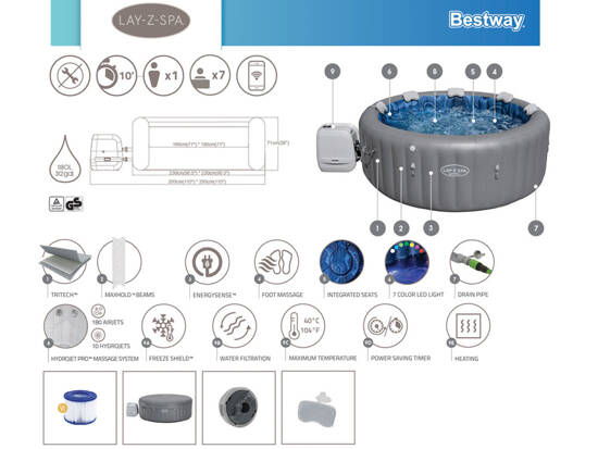 Bestway Lay-Z-Spa SANTORINI PRO 7 LED hydromassage application 5-7 persons 6001T