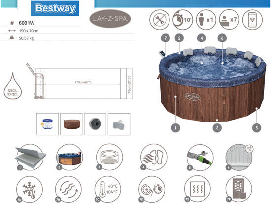 Bestway Lay-Z-Spa Toronto hydromassage 5-7 people 190cm WiFi application 2024 6001W