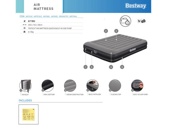 Bestway Tritech Inflatable Mattress with Built-in USB Pump 152x203cm 671BU