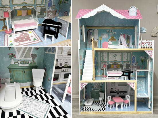 Large Wooden Dollhouse + Wooden Furniture Pastel Colors ZA5457