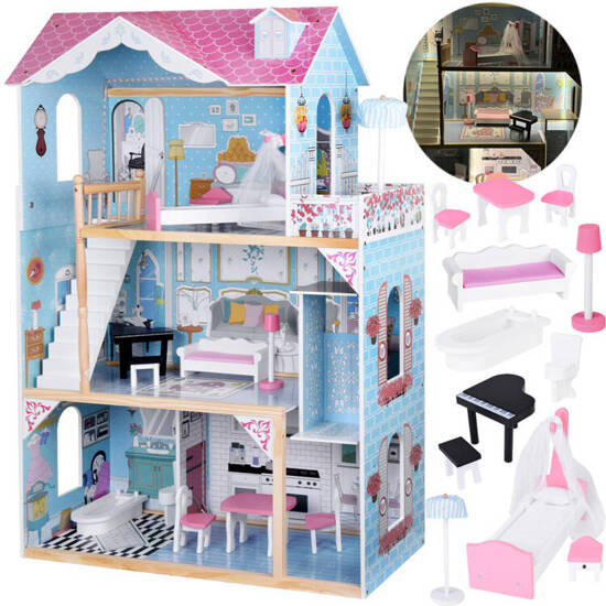 Large Wooden Dollhouse + Wooden Furniture Pastel Colors ZA5457