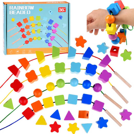 Rainbow beads wooden blocks for threading 39 pieces ZA4690
