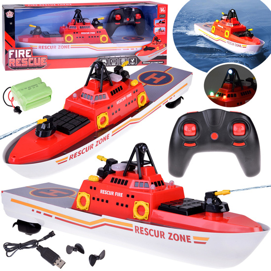 Remotely controlled large firefighting boat floats, shoots water, lights up RC0640