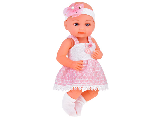 Rubber baby doll in a pink dress, bottle, pacifier ZA5235