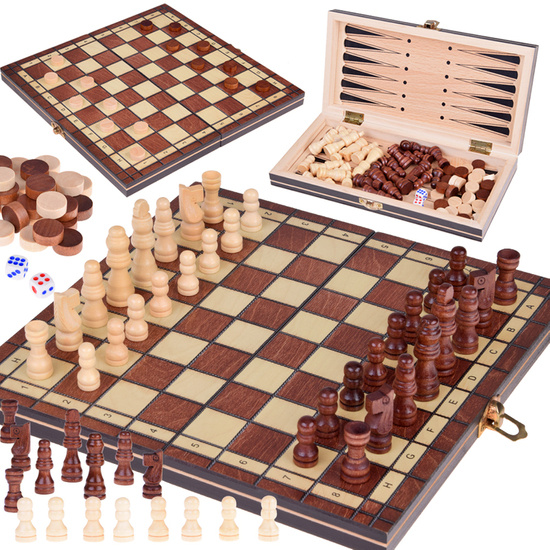 SET 3in1 Wooden game Chess Checkers Backgammon double-sided board GR0692