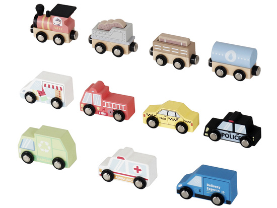 Set of Wooden Cars Fire Police Taxi + Road Signs Shelf ZA5485