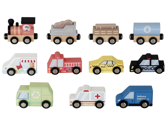 Set of Wooden Cars Fire Police Taxi + Road Signs Shelf ZA5485