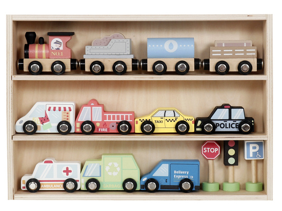 Set of Wooden Cars Fire Police Taxi + Road Signs Shelf ZA5485