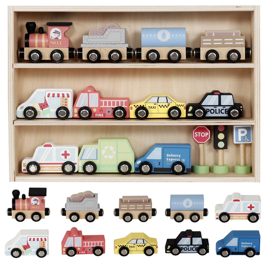 Set of Wooden Cars Fire Police Taxi + Road Signs Shelf ZA5485