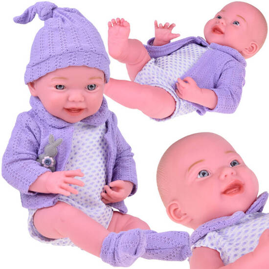 Smiling baby doll in purple sweater + hat 40 cm ZA5321