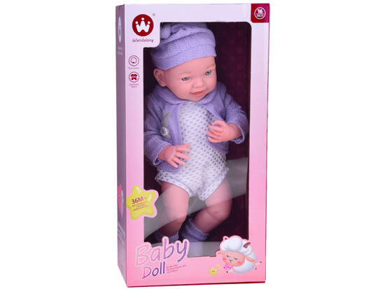 Smiling baby doll in purple sweater + hat 40 cm ZA5321