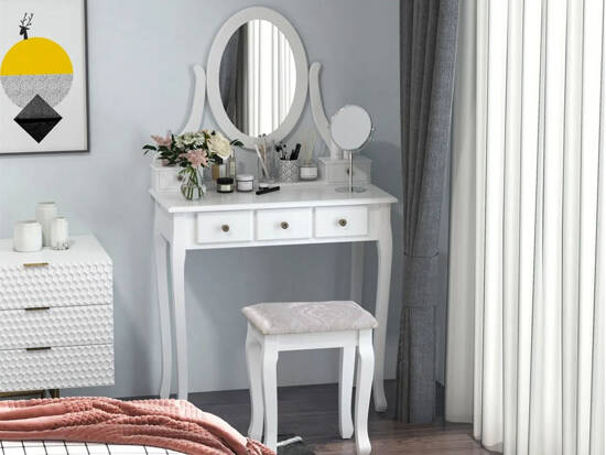 Stylish dressing table, white, retro dressing table, mirror, satin stool ZA4827