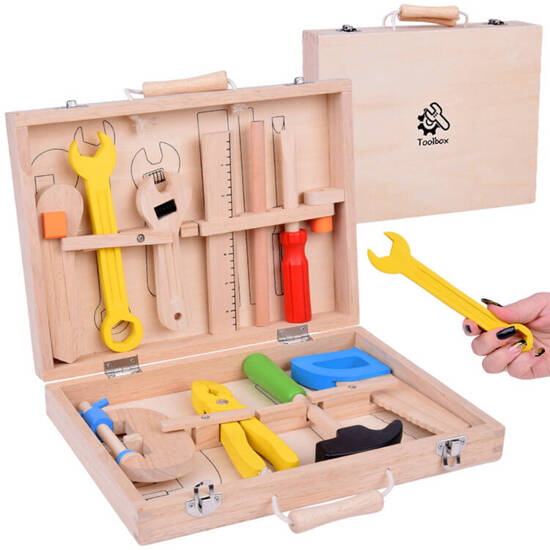 Wooden Tool Case Hammer Saw Screwdriver 10 Tools ZA5382