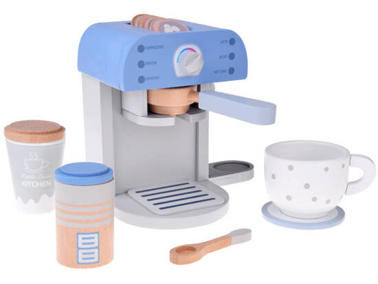 Wooden blue coffee machine with a cup, small household appliances ZA4834