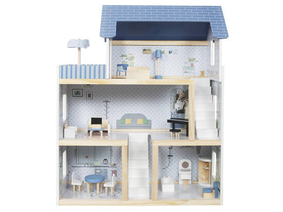 Wooden blue dollhouse + furniture 3 floors terrace ZA5273