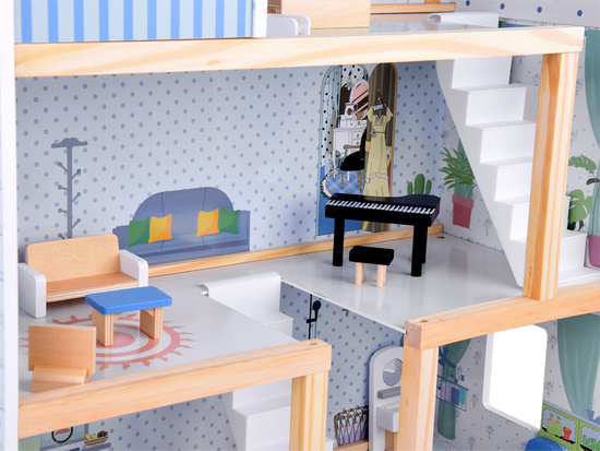 Wooden blue dollhouse + furniture 3 floors terrace ZA5273