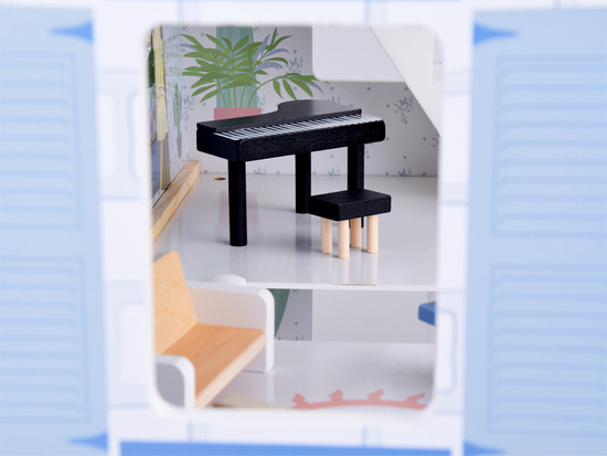 Wooden blue dollhouse + furniture 3 floors terrace ZA5273