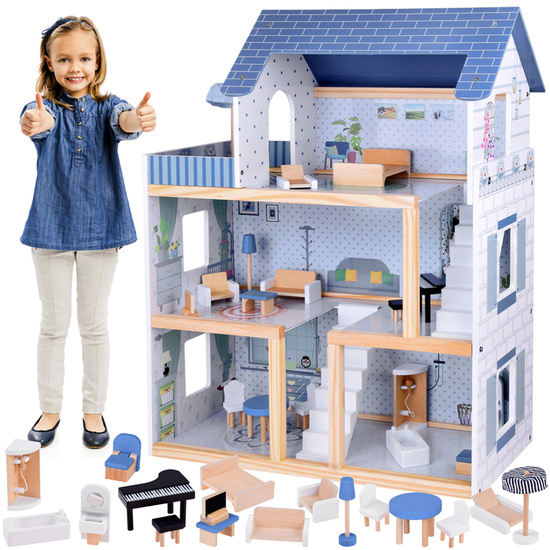 Wooden blue dollhouse + furniture 3 floors terrace ZA5273