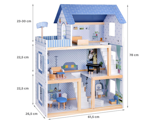 Wooden blue dollhouse + furniture 3 floors terrace ZA5273