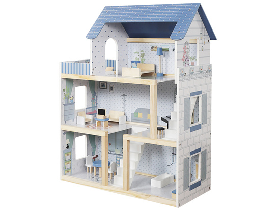 Wooden blue dollhouse + furniture 3 floors terrace ZA5273