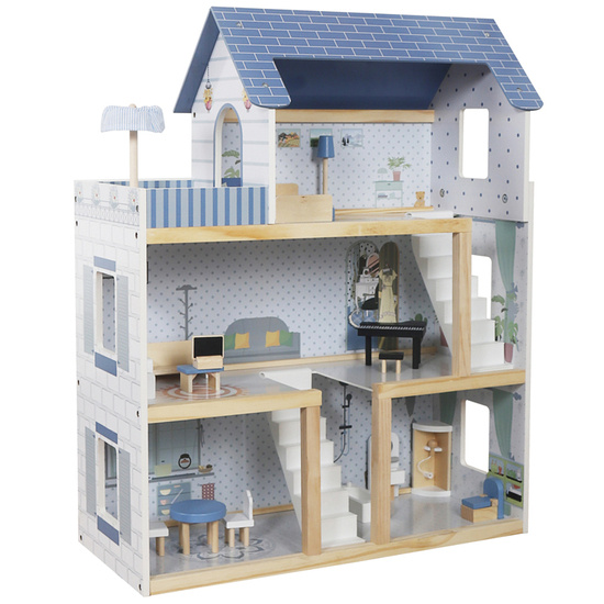 Wooden blue dollhouse + furniture 3 floors terrace ZA5273