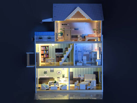 Wooden dollhouse with a swimming pool, an elevator and LED lighting ZA4835