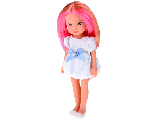 Charming Doll in a White Dress with a Blue Bow, 33 cm Doll ZA5850