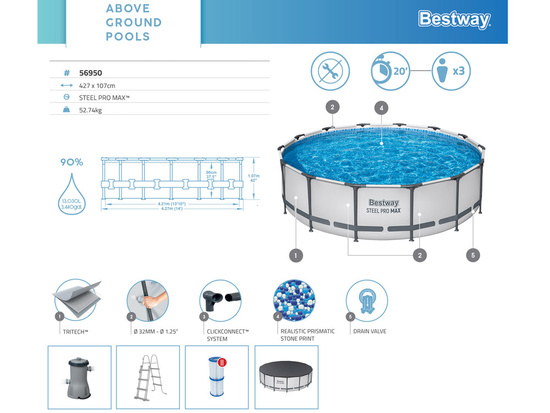 Bestway Frame Pool 427x107cm 10in1 Pump Ladder Cover 56950