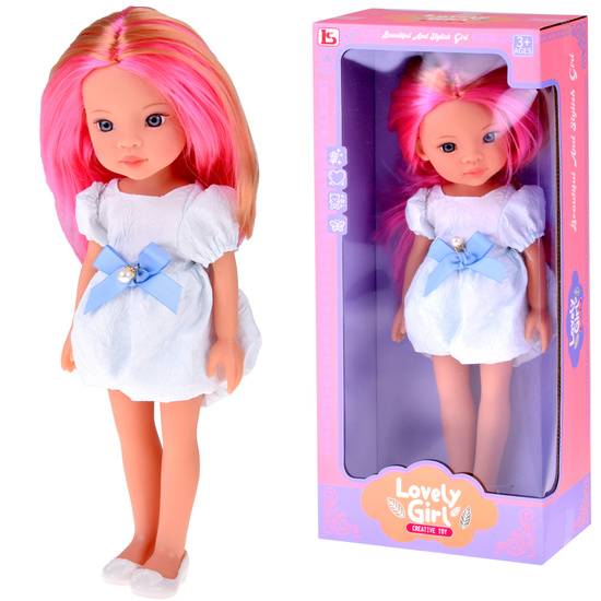 Charming Doll in a White Dress with a Blue Bow, 33 cm Doll ZA5850