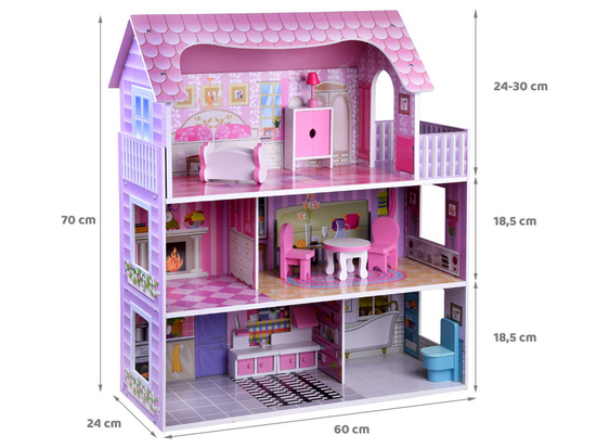PINK Wooden dollhouse + furniture + LED lighting ZA4130