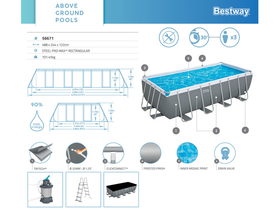 Bestway Frame Pool 488x244x122cm 9in1 Pump Ladder Cover 56671