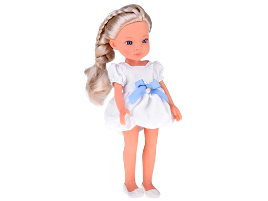Charming Doll in a White Dress with a Blue Bow, 33 cm Doll ZA5850