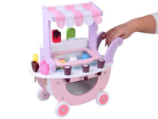 Słodka LODZIARNIA drewniana dla dzieci na kółkach + zestaw do lodów ZA5946