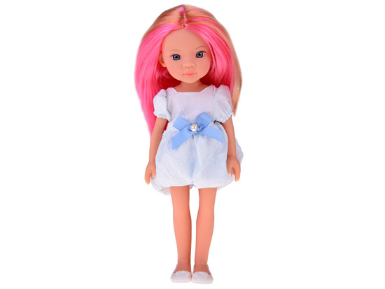 Charming Doll in a White Dress with a Blue Bow, 33 cm Doll ZA5850