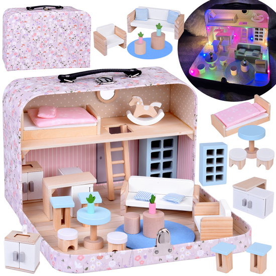 FLOWER Dollhouse in a lockable suitcase + wooden furniture ZA5930