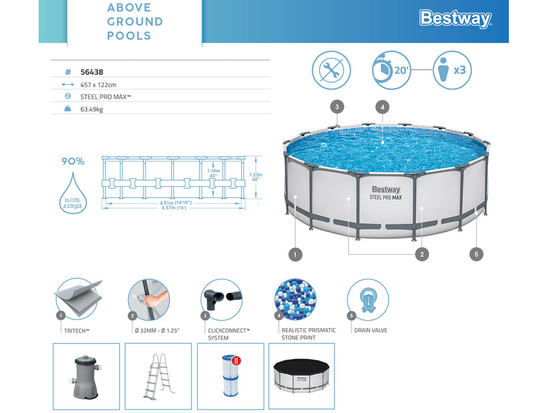 Bestway Frame Pool 457x122cm 10in1 Pump Ladder Cover 56438