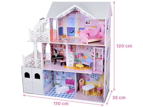 Large Openwork Wooden Dollhouse + Elevator Garage Balcony Furniture ZA5388