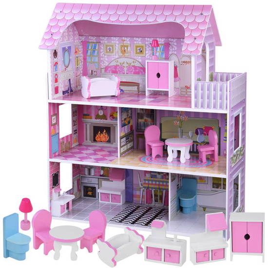 PINK Wooden dollhouse + furniture + LED lighting ZA4130