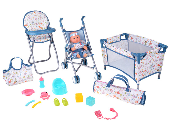 Deluxe Baby Doll Set Stroller Cradle High Chair Accessories 16 pcs ZA5917