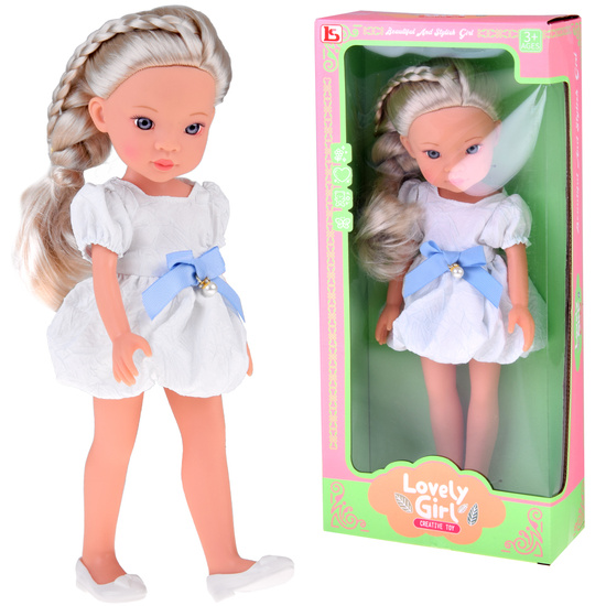 Charming Doll in a White Dress with a Blue Bow, 33 cm Doll ZA5850