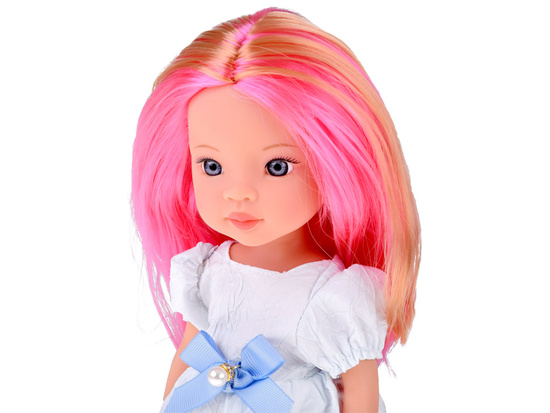 Charming Doll in a White Dress with a Blue Bow, 33 cm Doll ZA5850