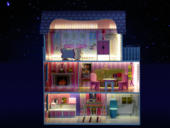PINK Wooden dollhouse + furniture + LED lighting ZA4130
