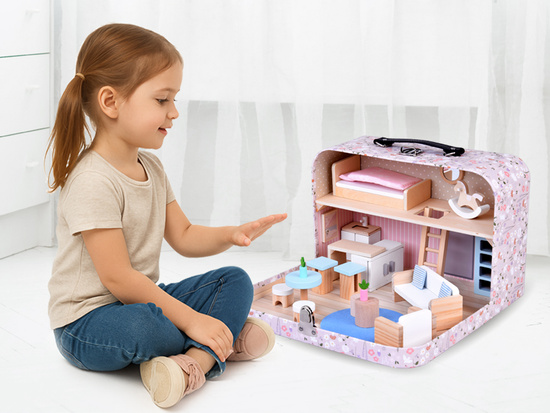 FLOWER Dollhouse in a lockable suitcase + wooden furniture ZA5930