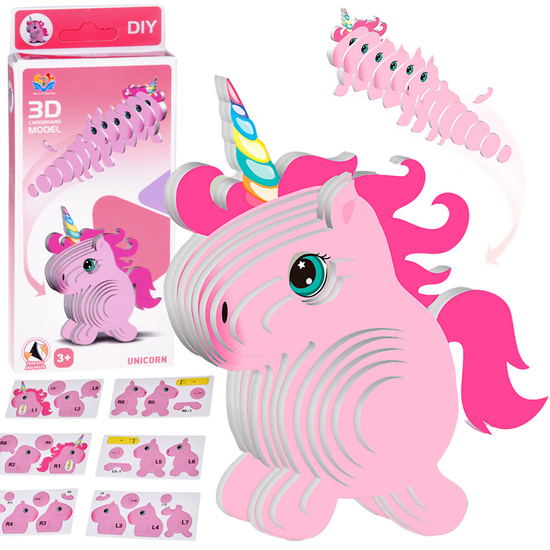 Puzzle 3D Kartonowy Model – Różowy Jednorożec DIY Zrób to sam ZA5809